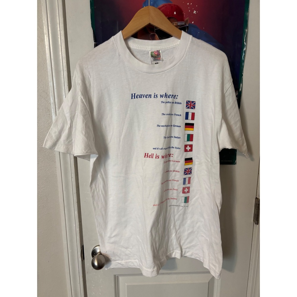 Vintage 1994 Heaven is Where Hell is Where T-Shirt White Large Fruit of the Loom